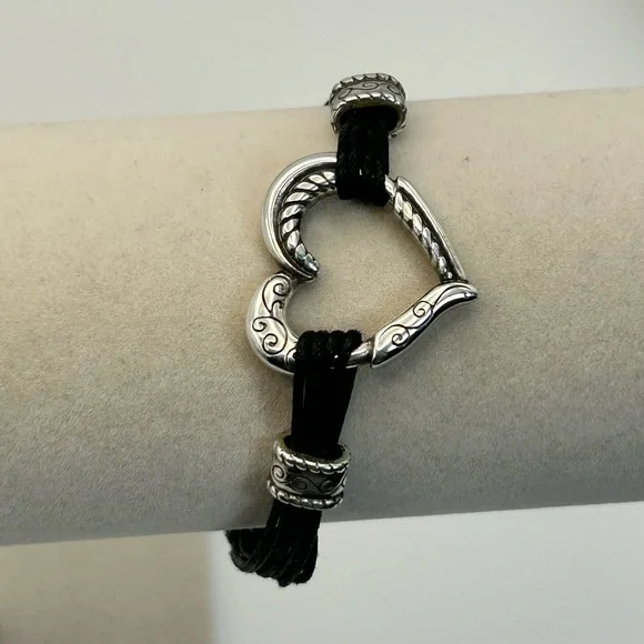 Brighton Heritage Heart Bracelet 8" Silver Plated Black Corded Strap J32460 - Picture 1 of 9